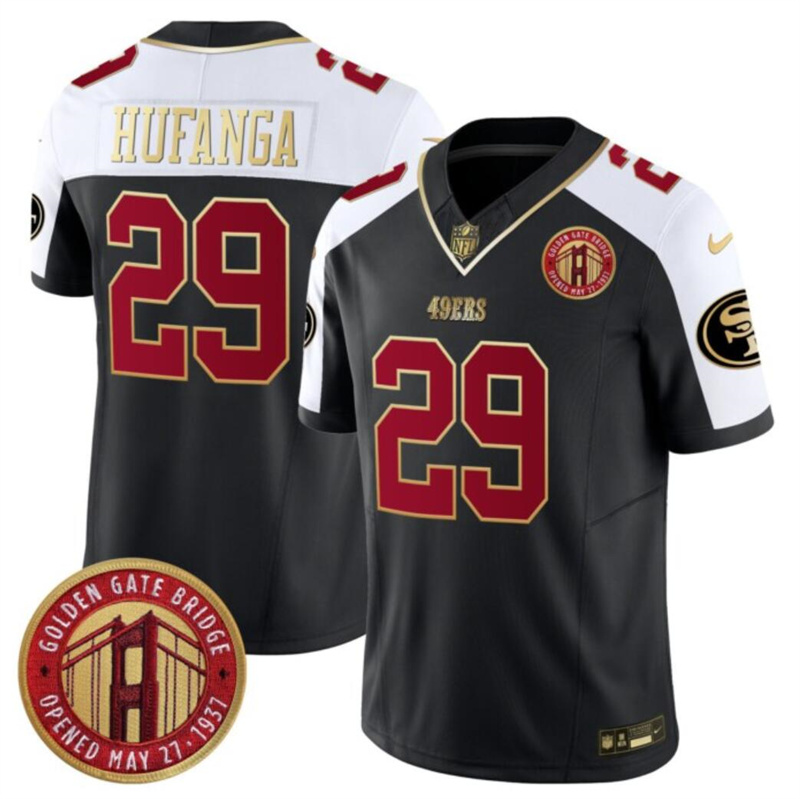 Men's San Francisco 49ers #29 Talanoa Hufanga Balck/White F.U.S.E. Golden Gate Bridge Patch Alternate Vapor Limited Stitched Football Jersey